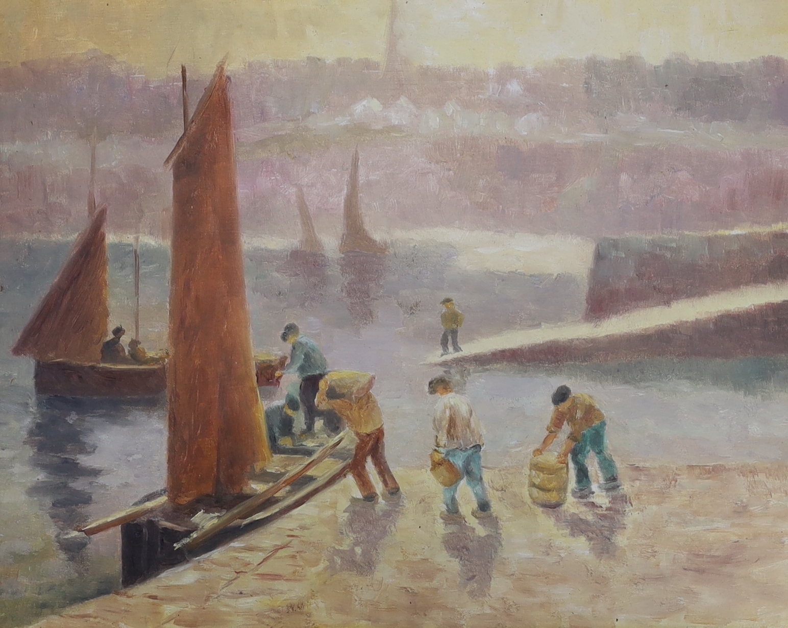 Albert Goodwin (1845-1932), watercolour, 'Palace Pier, Brighton', signed and dated ‘16.VI.04', 15cm x 12cm and Circle of Albert Goodwin (1845-1932) Newlyn School, oil, Harbour scene with figures and boats, 28cm x 22cm